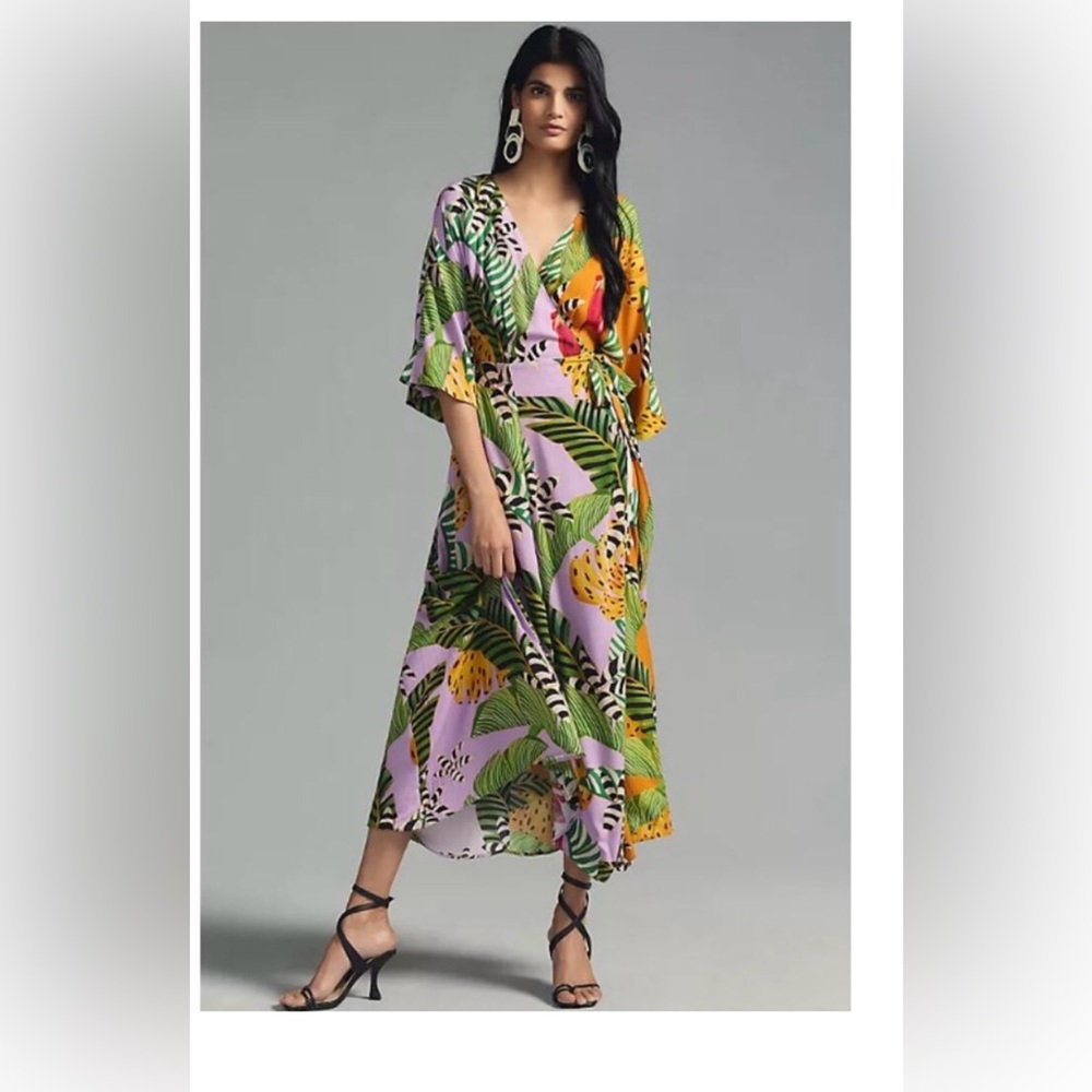 Farm Rio mixed Stripes and Bananas Tropical Midi dress kimono
